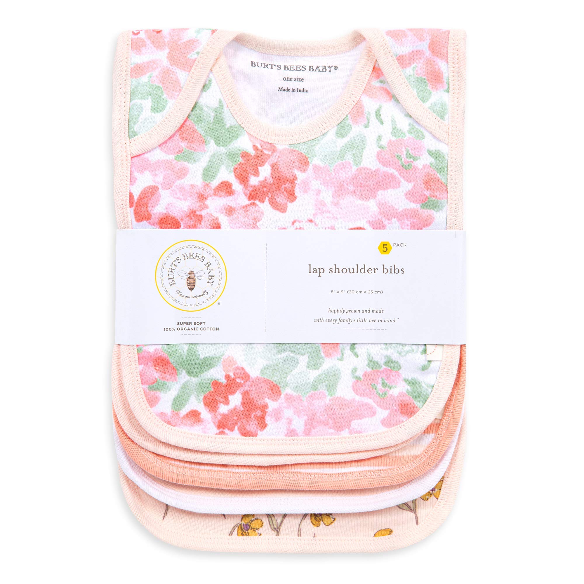 Burt's Bees Baby Lätzchen, Schoß-Schulter-Sabbertücher, 100% Bio-Baumwolle mit saugfähiger Frottee-Rückseite, Blütenrosa Drucke, 4er-Pack