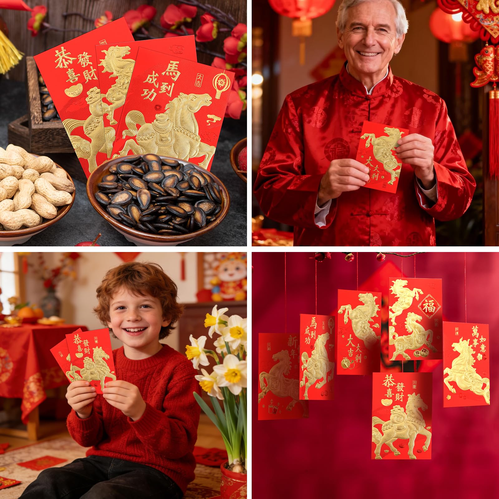 Buste Rosse per Capodanno Cinese 2026 Feng Shui 11,5x8cm 36pz con 50pz Monete Cinesi (6 Stili)