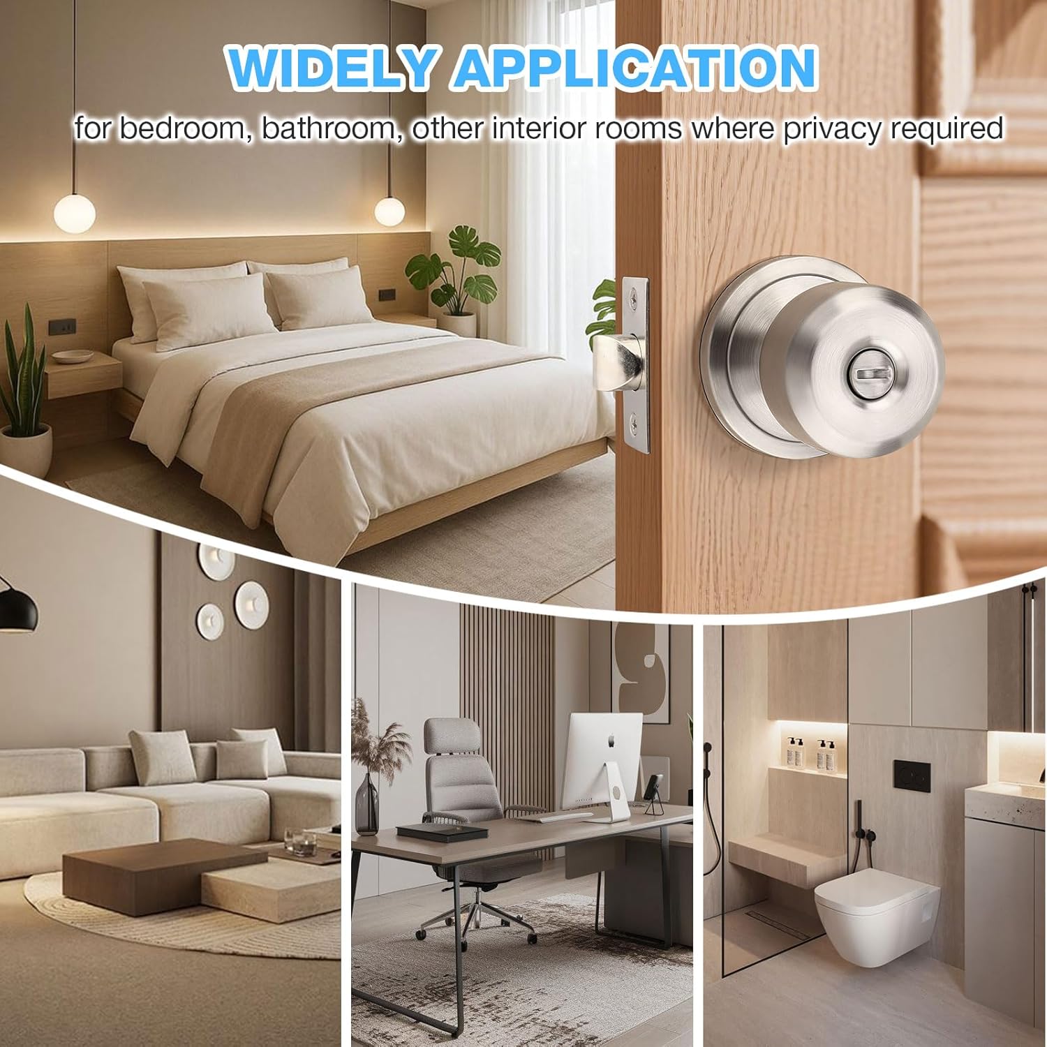 6 Pack Brushed Nickel Door Knobs Interior, Keyless Privacy Door Knob for Bedroom Bathroom, Interior Door Knobs Cylindrical Shape Knobs, Indoor Door Knobs, Satin Nickel Round Doorknobs