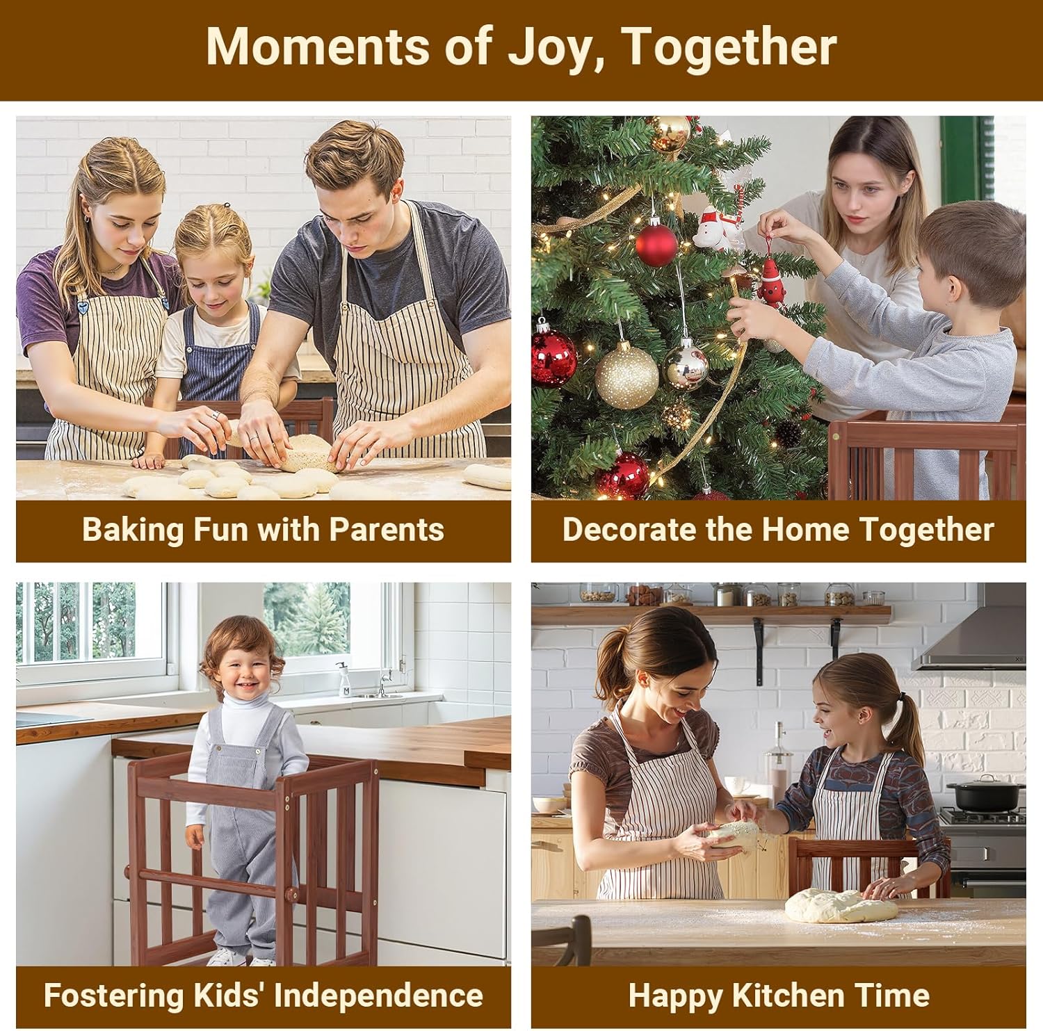 COSYLAND Toddler Kitchen Stool Helper – Stable A-Frame Design Kids Kitchen Step Stool with Protective Crossbar – Wooden Toddler Standing Tower for Learning in Bathroom (Brown)