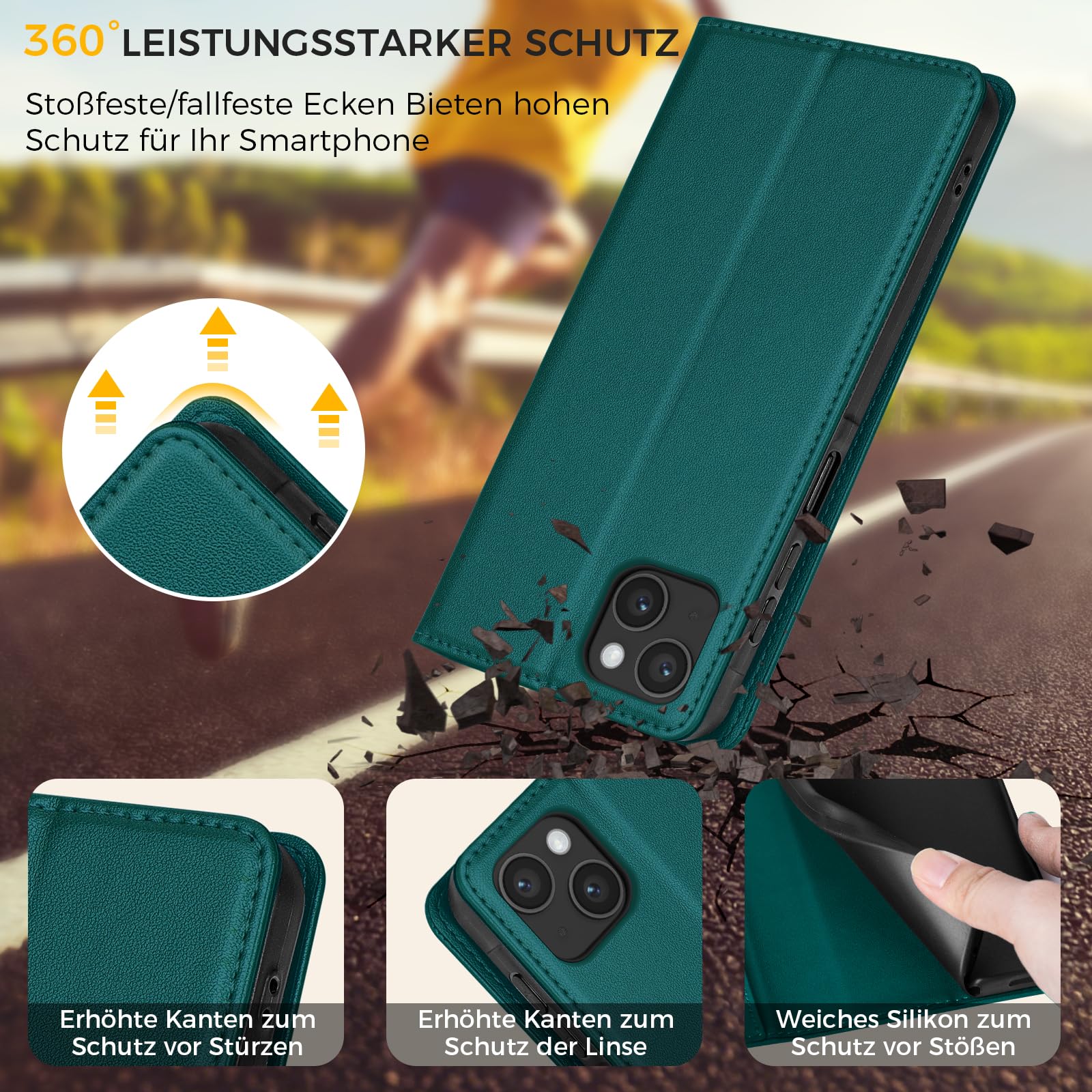 Etui na telefon komórkowy iPhone 13, przegródka na karty premium, skóra PU, etui z klapką, funkcja stojaka, etui z klapką do iPhone 13 - zielone