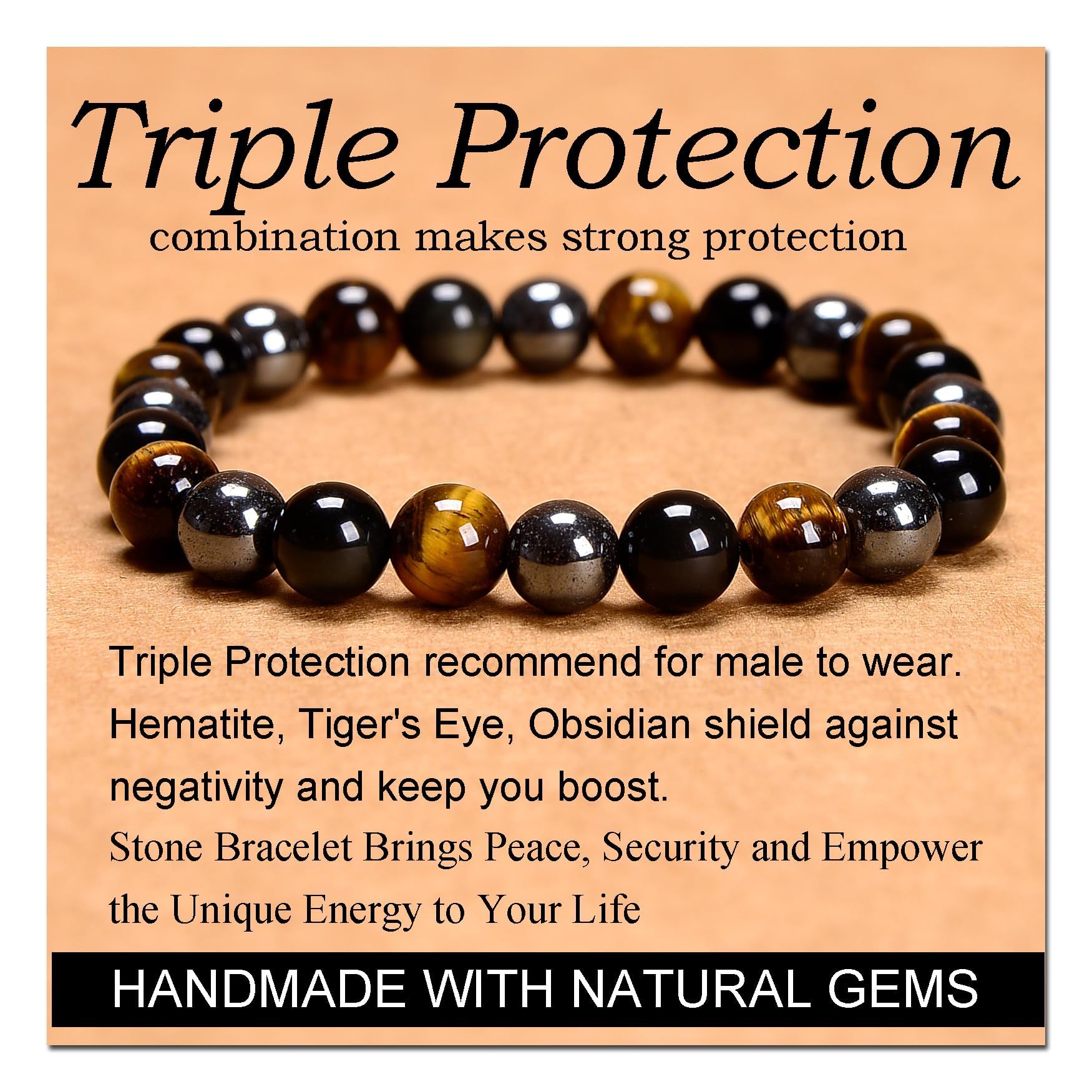 Natural Semi-Precious Stones Beads Bracelet with Healing Properties | Certified Reiki & Feng Shui Energized | Genuine Gemstones | Perfect for Meditation & Yoga. (TriShield Guardian Bracelet) (B0D54T554J) Amazon Price History, Amazon Price Tracker