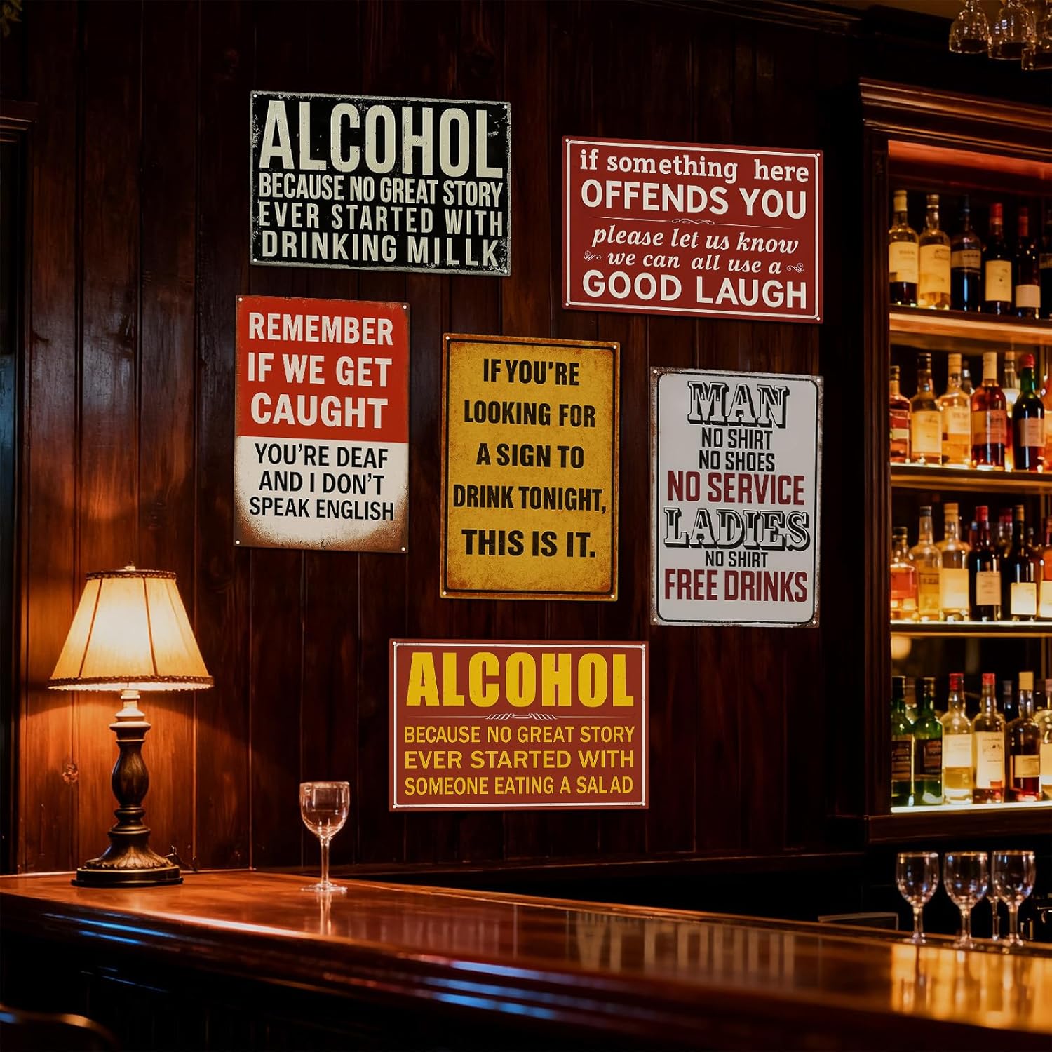 Funny Bar Signs, Vintage Metal Tin Signs for Home Bar Wall Decor & Man Cave, Garage Basement Shop Wall Art, 6-Piece, 8x12 Inch