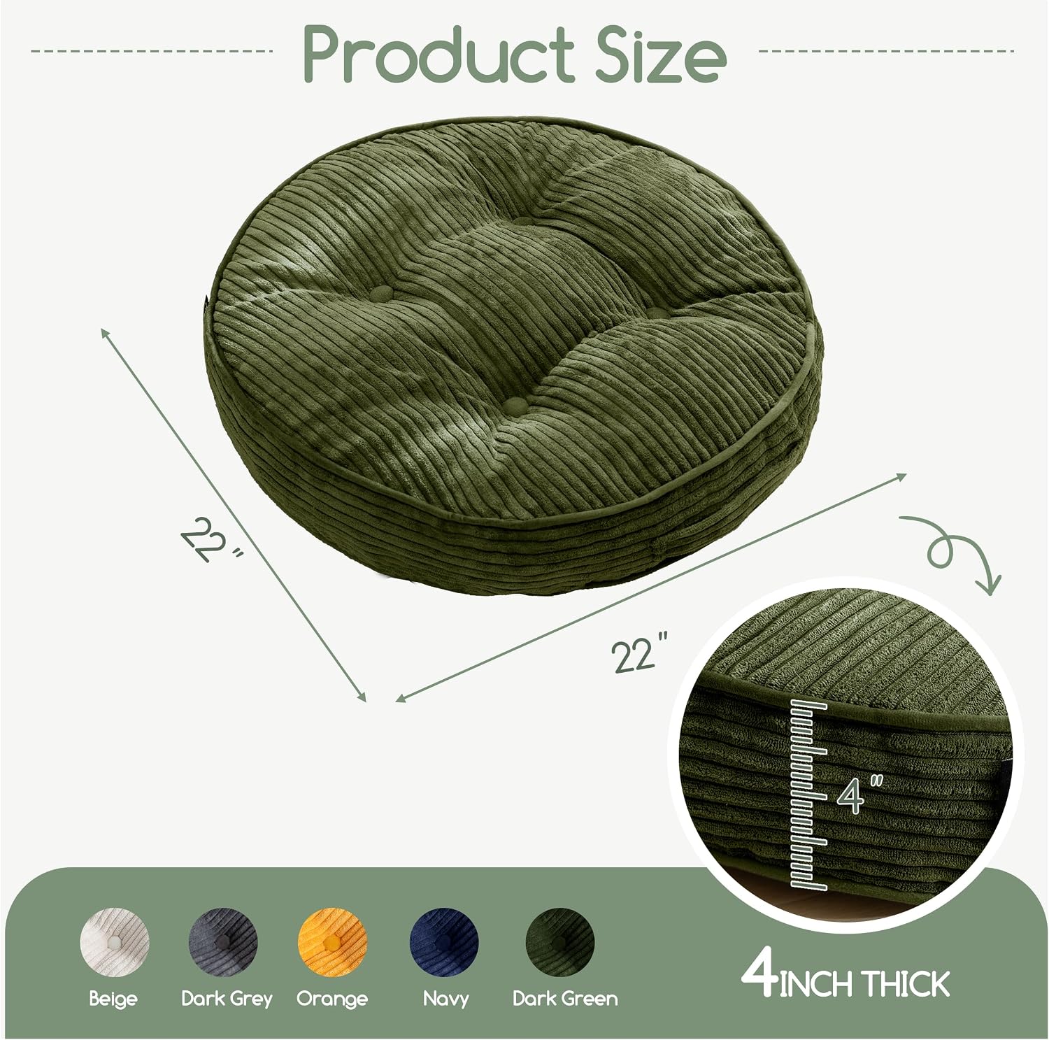 HIGOGOGO Floor Pillow Cushion for Adults, Meditation Cushion Pillow, Large Round Floor Sitting, Tufted Corduroy Cover, for Tatami Living Room or Yoga, 22x22 Inch, Dark Green