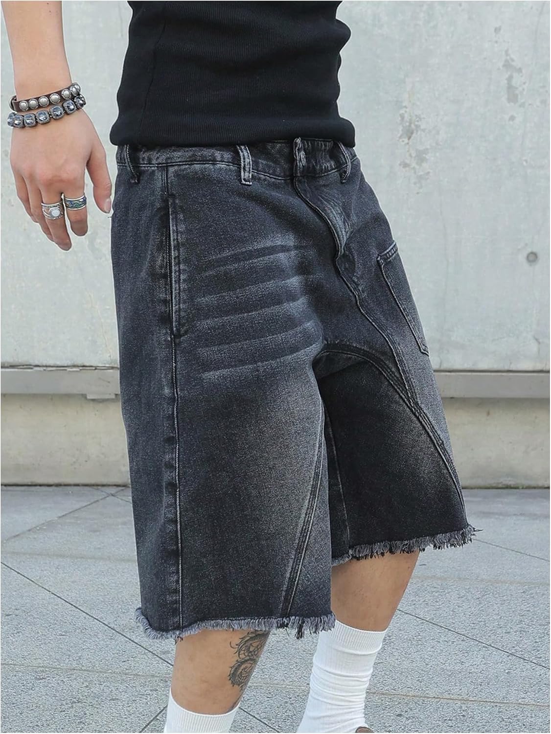 SHENHE Men's Baggy Jean Shorts Y2k Jorts Wide Leg Frayed Raw Hem Vintage Bermuda Denim Shorts