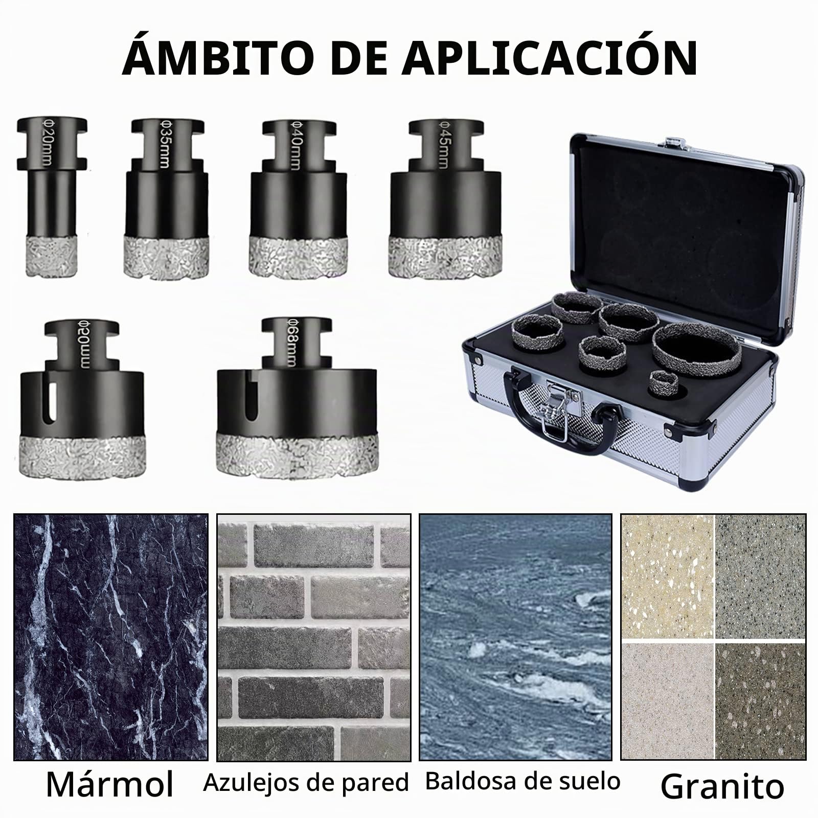 Taladro Diamante Taladro Vio Kit Brocas 8 Piezas Con Caja, 20/35/40/45/50/68 Mm Y 1 Cuchillas 1 Accesorios Broca Para Amoladora Angular M14 Set Para Vidrio Cerámica Porcelana Azulejos Mármol Granito
