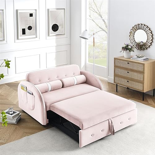 Moderno sofá cama extraíble de 55.5 pulgadas, sofá biplaza de 2 plazas con bolsillos laterales, respaldo ajustable y almohadas lumbares para