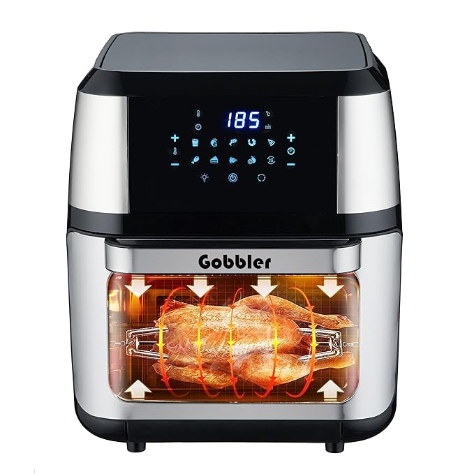 GOBBLER Air Fryer, 12 liter Family Size, 1800W All-In-One Air Fryer Oven With Led Touchscreen, 10 Preset Menu For Air Fry, Baking, Grill, Roast, Toast With Accessories (Af-120A)- Silver, Black