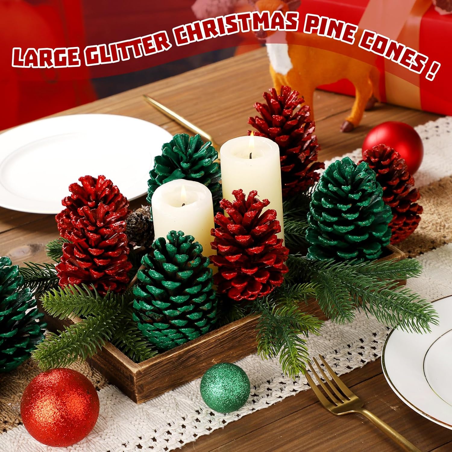 Janinka 24 Pcs Large Red Green Christmas Glitter Pine Cones 4 Inch Pine Cone Ornaments Artificial Christmas Pinecone Decorations for Xmas Tree Vase Fillers Garland Wreath DIY Craft