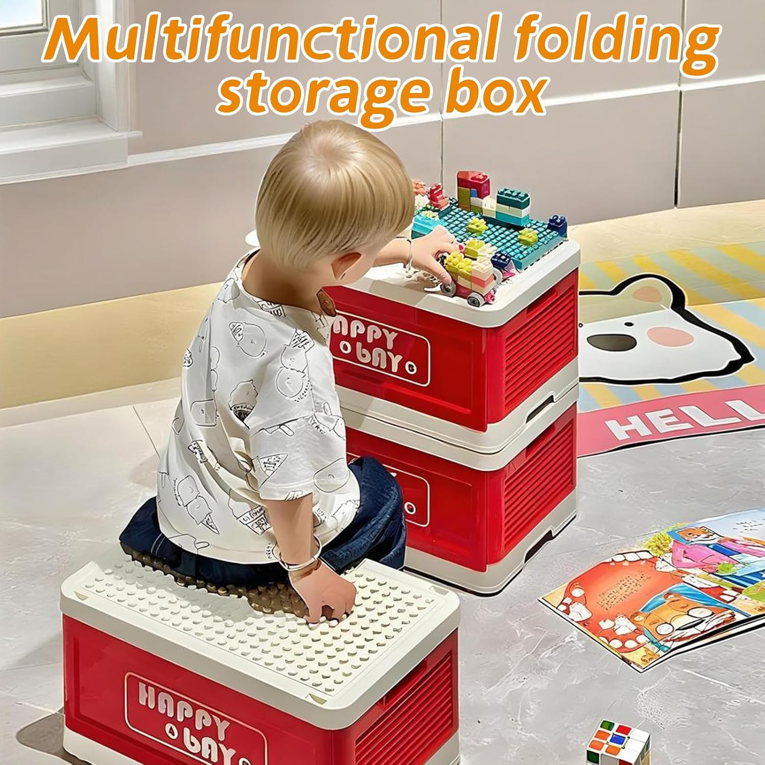 Stackable Toy Storage Box for Lego,with Building Baseplate Lid & Quiet Wheels, 23QT Kids Organizer for Building Blocks, Arts Crafts, Portable Play Table with Storage (Red)