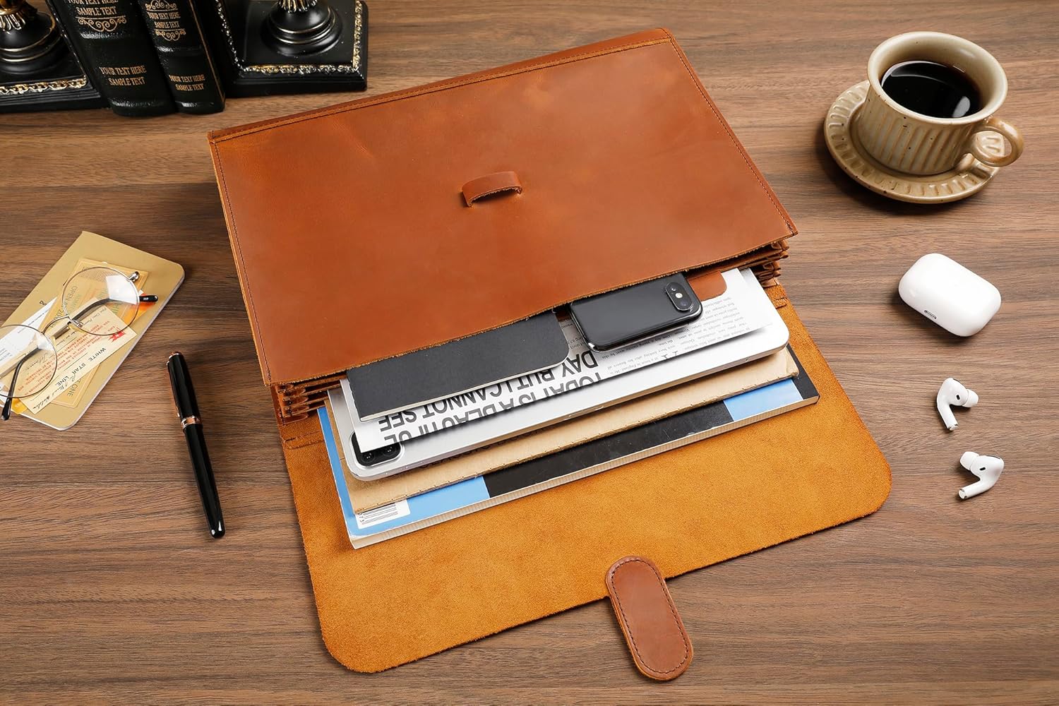 Genuine Leather File Folder, Accordian File Organizer, Leather Document Holder Resume Folio for Men & Women - Brown