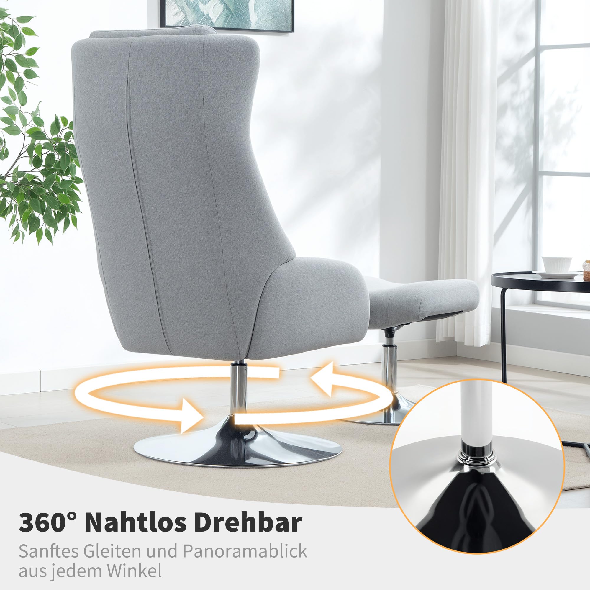HOMCOM Relaxsessel mit Hocker, 360°drehbarer Fernsehsessel mit hoher Rückenlehne, TV-Sessel mit Samtoptik, Kopfstütze, Metallsockel, Polstersessel für Wohnzimmer, Grau