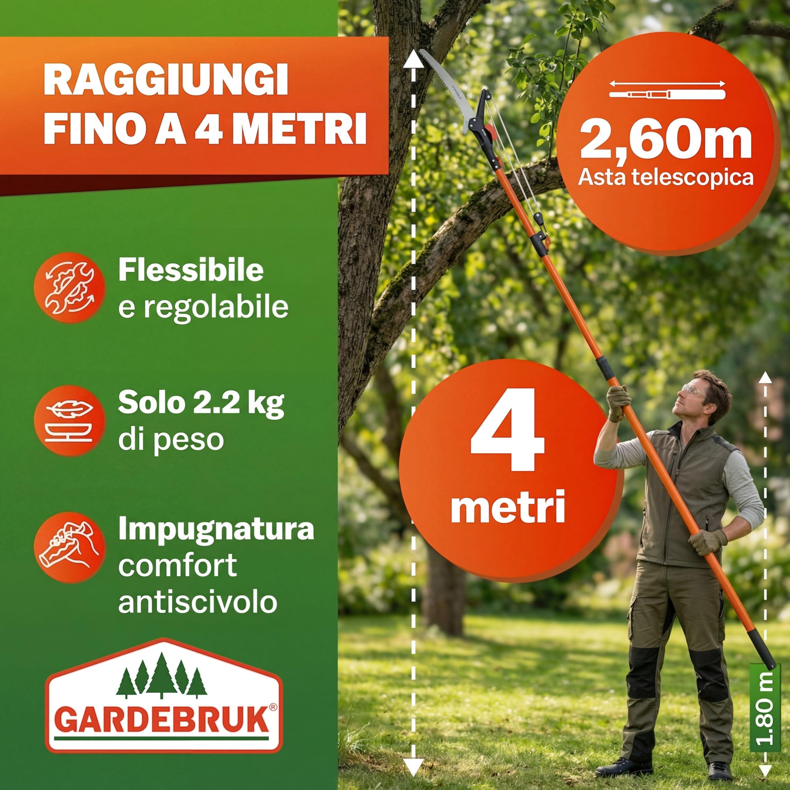 DEUBA® Seghetto Telescopico per Potatura Rami 2in1 Svettatore Cesoia Altezza Max 4 M Cavo in Nylon Segaccio Telescopico