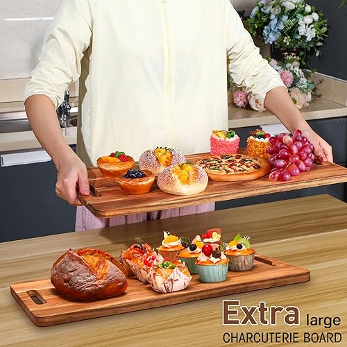Miniatura 5 de Bokon 2 tablas de madera de acacia de 22 x 12 pulgadas, tabla de servir de acacia con asa, bandeja rectangular de madera de acacia para servir