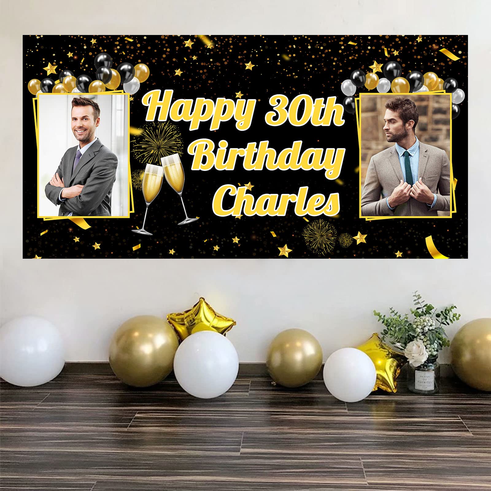 Personalised Birthday Banner Party Decoration, Any Photo Name & Age, Custom Photo Banner for Birthday Customised Backdrop Sign Poster Background for Men Women Girls Boys