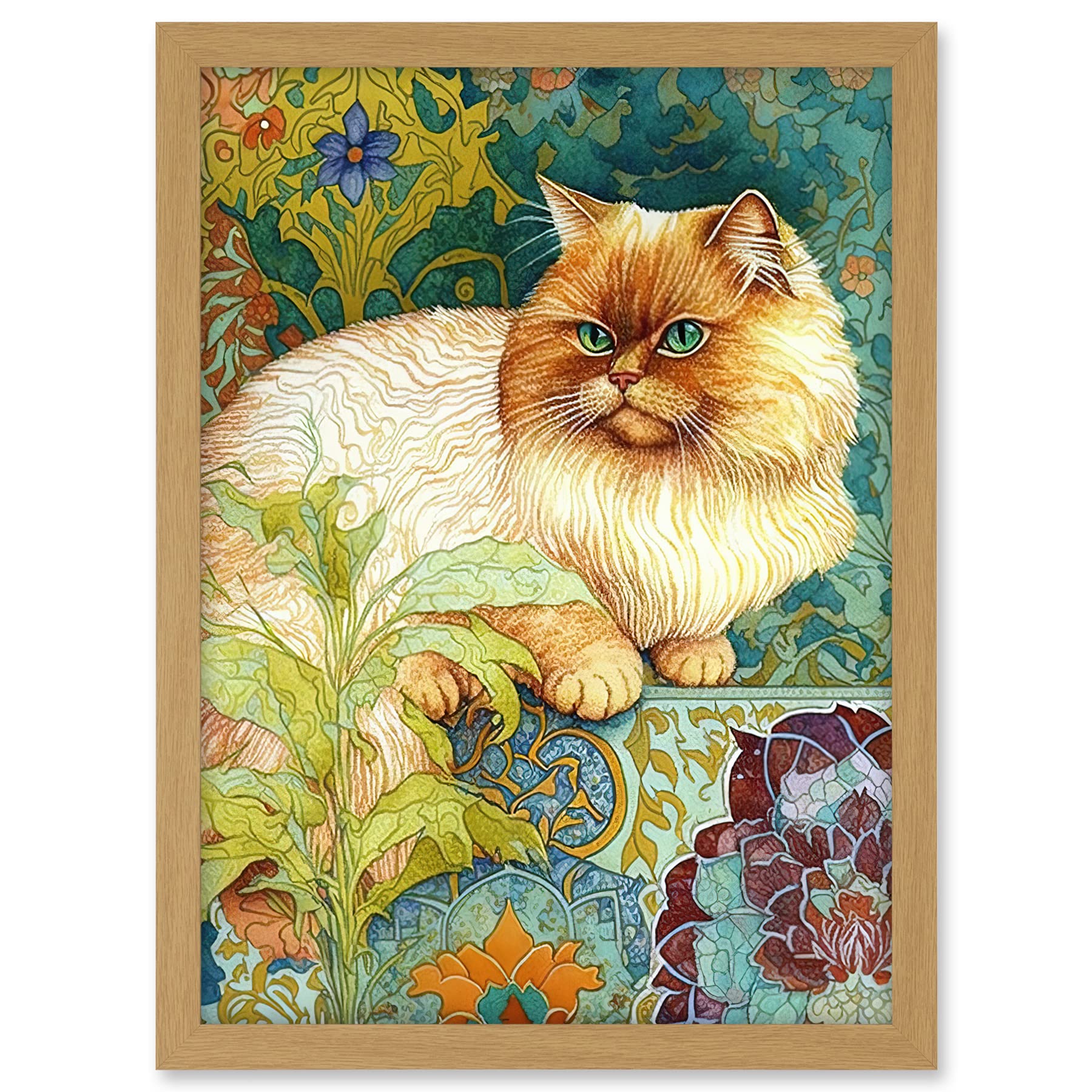 Artery8 Orange Persian Cat William Morris Inspired Floral Pattern Colourful Modern Illustration Artwork Framed A3 Wall Art Print