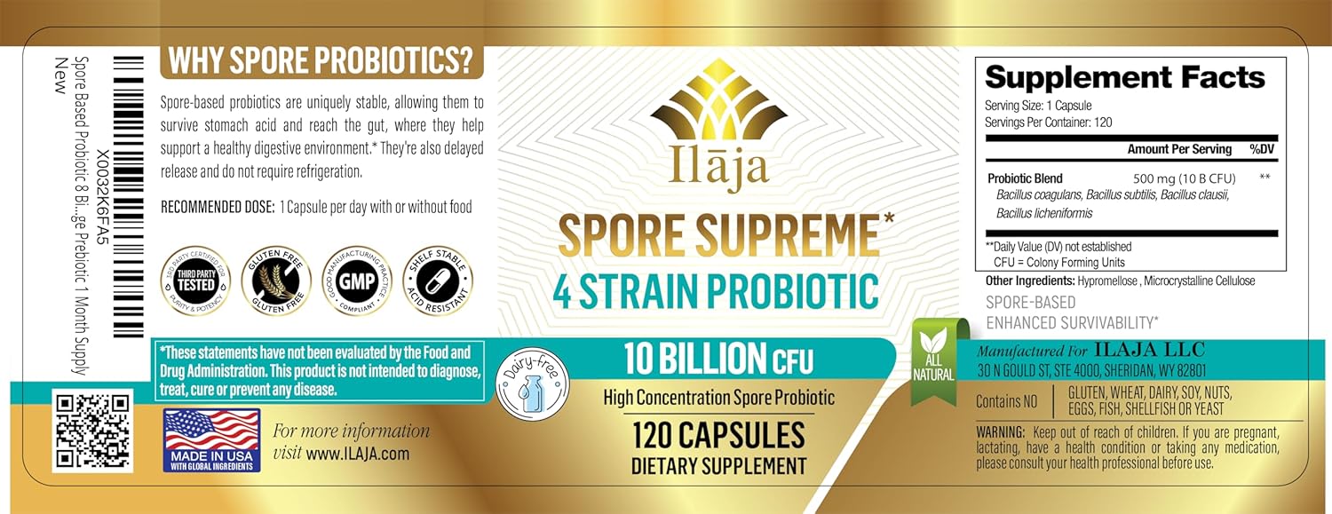 Spore Supreme Spore Based Probiotic 120 Capsule x 10 Billion / 4 Strain Formula - 4 Month Supply - No Refrigeration Needed, Acid Resistant Strains, Dairy Free