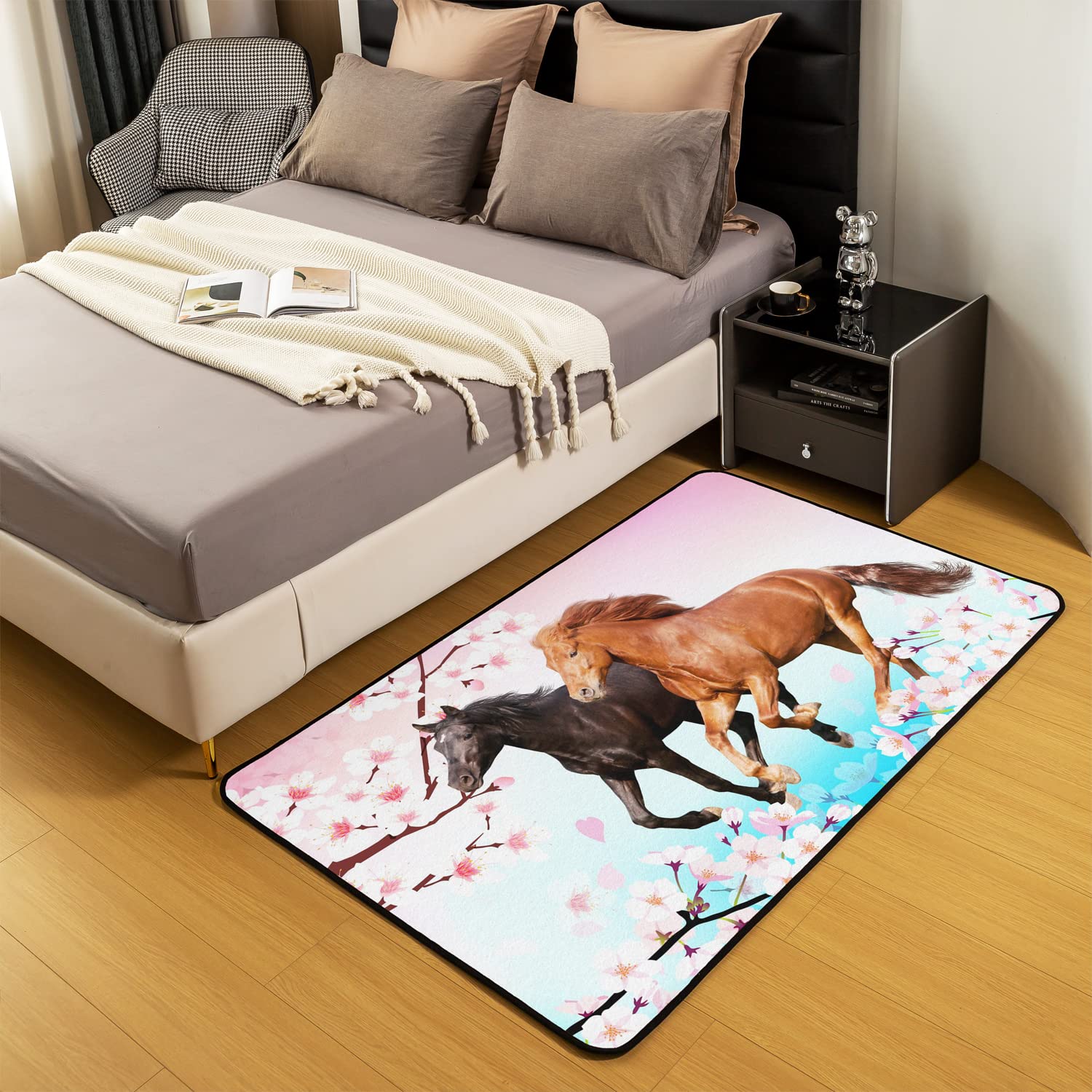 Homemissing Cheval Tapis De Salon 100x150cm Salon Tapis Chambre À Coucher Doux Et Confortable Run Cheval Cherry Flower Decoration De Sol Enfants Filles Teen Room Decoration
