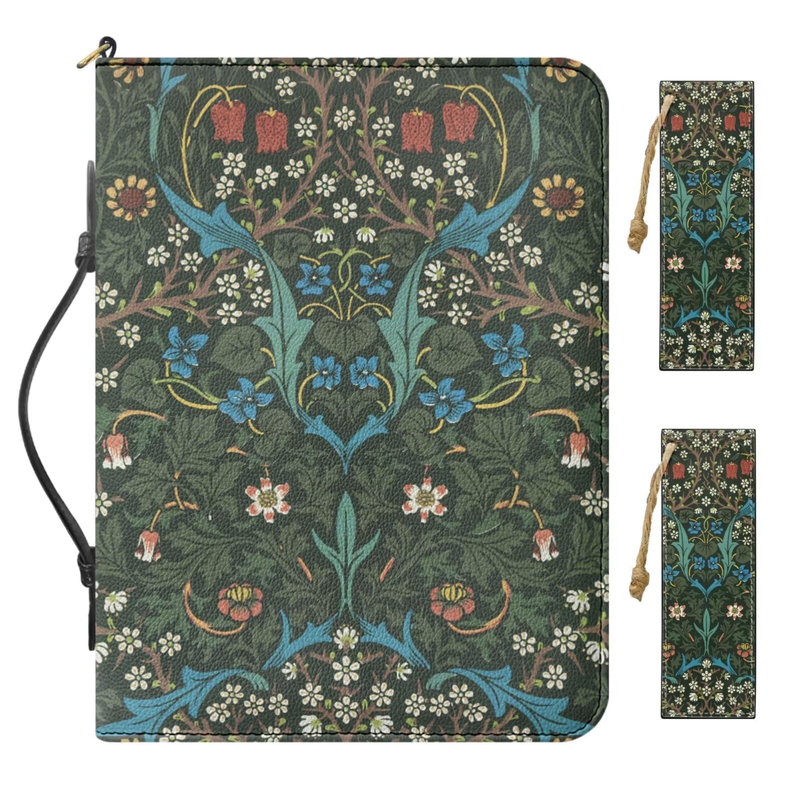 Buxolandt PU Leather Bible Covers for Men Large Size, Comes with 2 Leather Bookmarks, Black Bible Bag with Handle Built-in Pocket Pen Slots, William Morris Floral Works Men's Christian Gifts