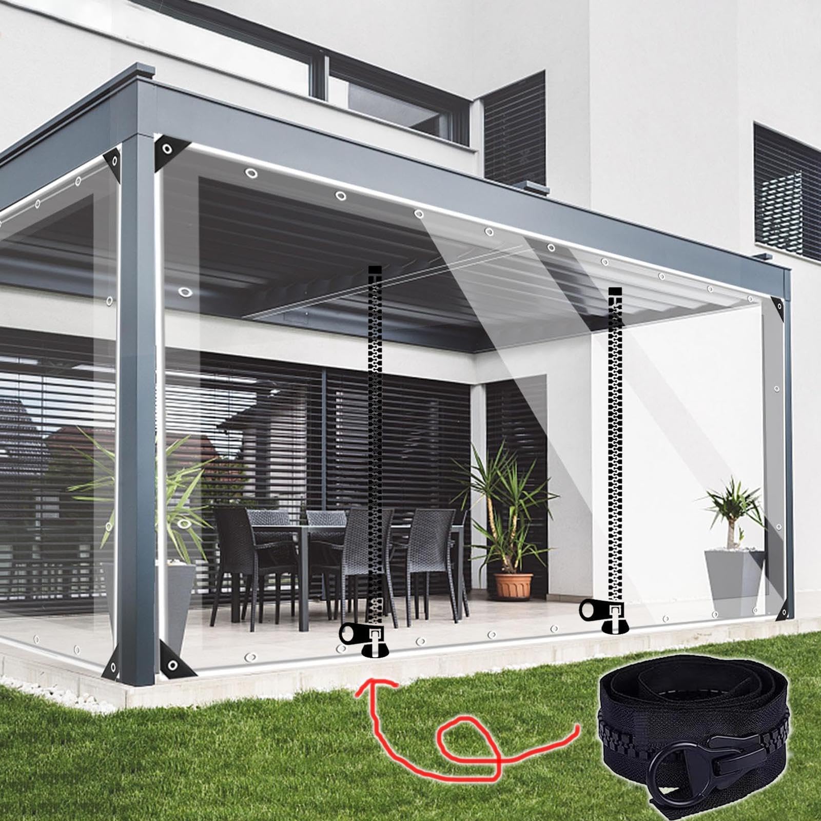 DZHTUF Tenda da Esterno Resistente agli Agenti Atmosferici,Pannelli Laterali Trasparente pergola-con Cerniera e Occhielli,Telone in PVC,Spessore 0.3mm-Nero,L×H-2×6.6m(6.6 * 21.7ft