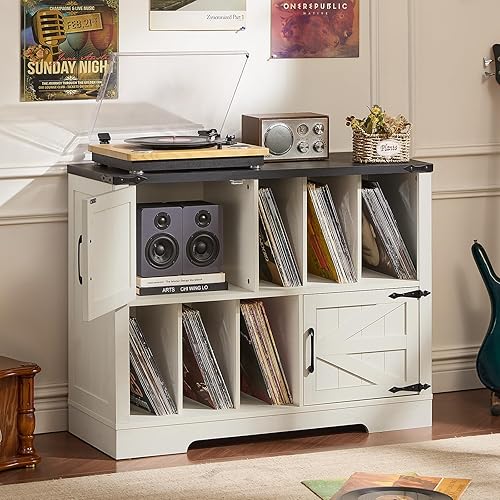 Soporte grande para tocadiscos con almacenamiento de vinilo de hasta 450 álbumes, armario de almacenamiento de madera rústica blanca de 39 pulgadas