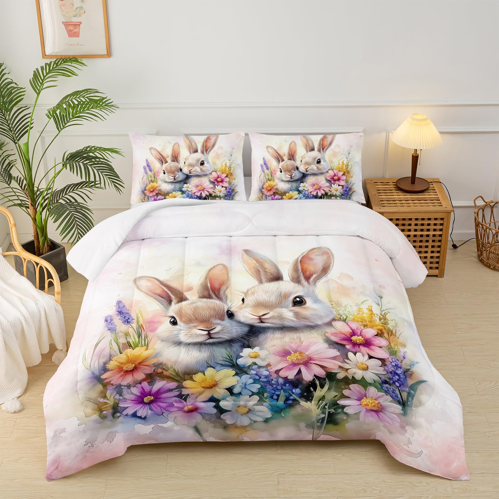 Cute Rabbit King Comforter Set for Kids,Kawaii Bunny Quilt Set for Boys Girls,Rural Farm Animals Fluffy Rabbit Flowers Garden Bed Set,Pink Watercolor Bedding Set for Bedroom Decor