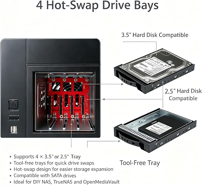 Mini-ITX NAS PC K3 Chasis, 4 Bahías, Negro miniatura 4