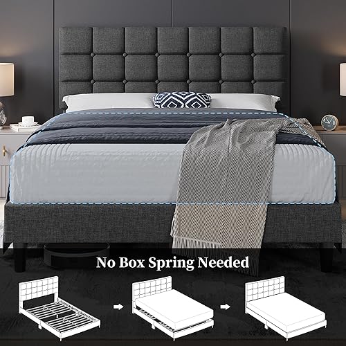Miniatura 8 de Yaheetech Base de cama tapizada, moderna plataforma de cama Queen con cabecera acolchada con costuras cuadradas y botones, altura ajustable, soporte
