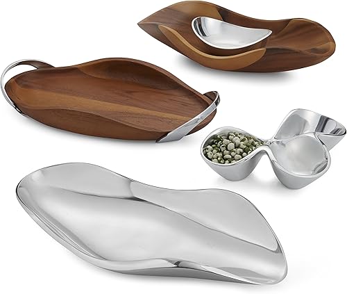 Miniatura 3 de nambe Bella - Bandeja con mango de madera, bandeja grande de madera para servir con asas para cena, aperitivos y aperitivos, hecha de aleación de