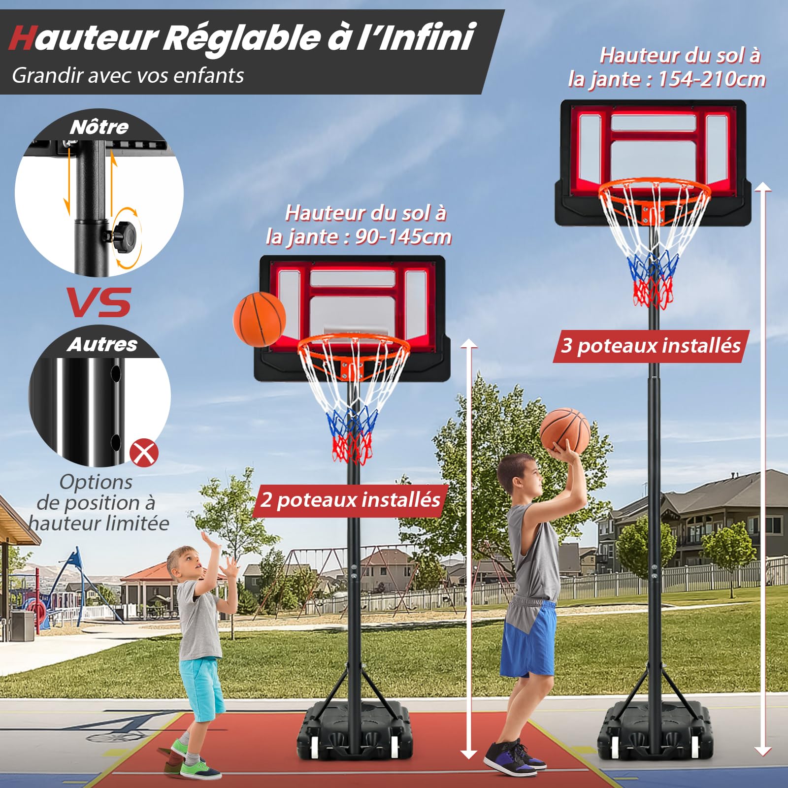 GYMAX Panier de Basket Extérieur pour Enfants, Hauteur Réglable de 90 à 210 CM, Base Stable Remplissable d’Eau ou de Sable, Mobile avec roulettes, Panneau Résistant, Poteau en Métal