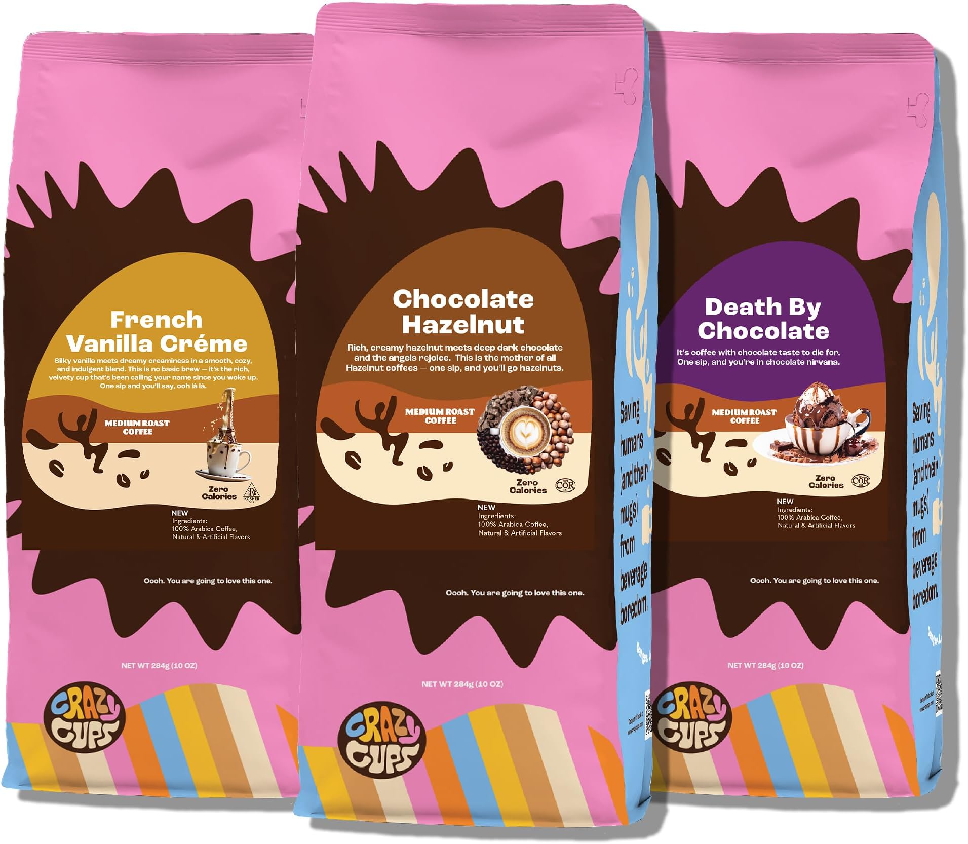 Crazy Cups Flavored Ground Coffee Variety Pack, Includes Chocolate Hazelnut, French Vanilla Creme & Death By Chocolate, in 10 oz Bags, Variety 3 Pack