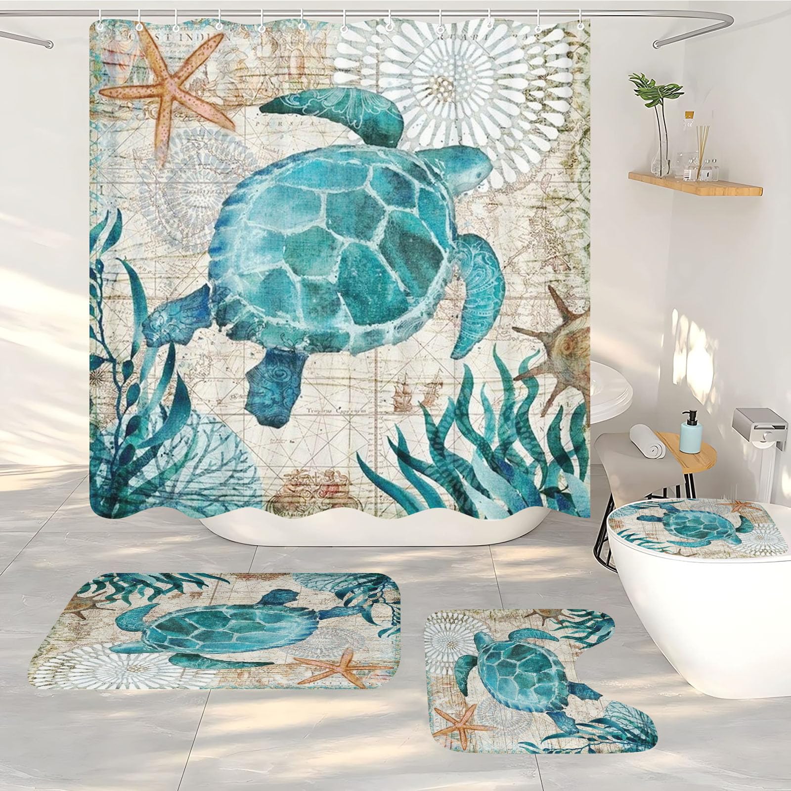 FABTOP Shower Curtain Sea Turtle Coral Nautical Ocean 180 x 180 cm Shower Curtains Turtle Sea Organism Octopus Coral Shower Curtains (7.200 x 240 cm)