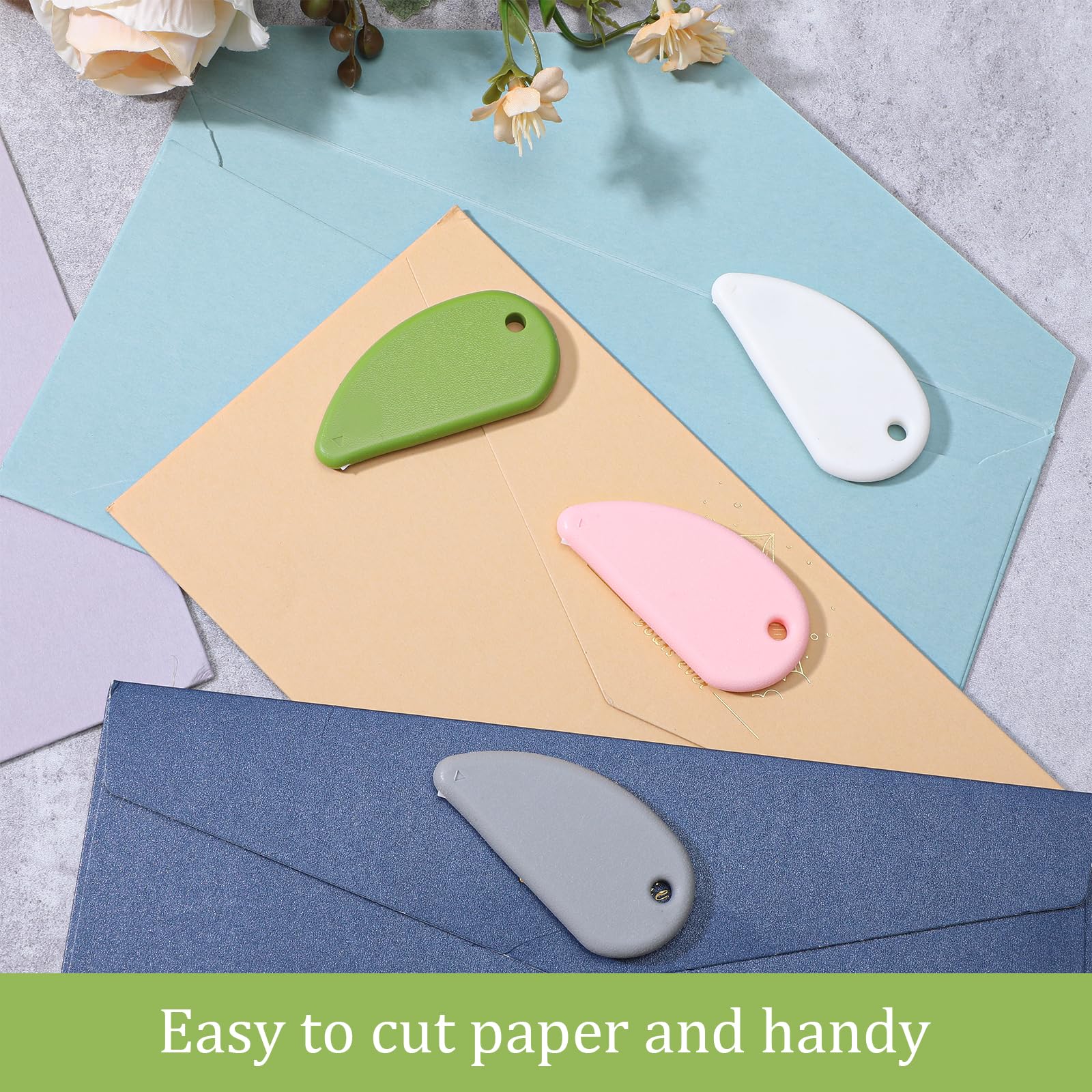 COMNICO Taglierina di sicurezza con lama in ceramica, 4 pezzi, mini taglierine con foro portachiavi, apri pacchetti, coupon per buste tascabili, buste, lettere, carta da lettere, progetti fai da te