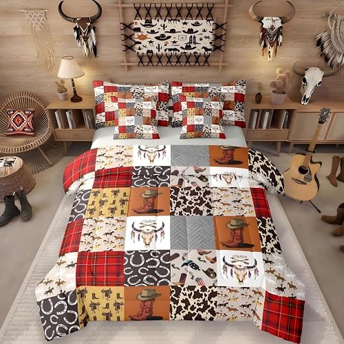 Country Western 7 Piece Comforter Set Full Bed in a Bag | Cowboy Boots Hat Rusti