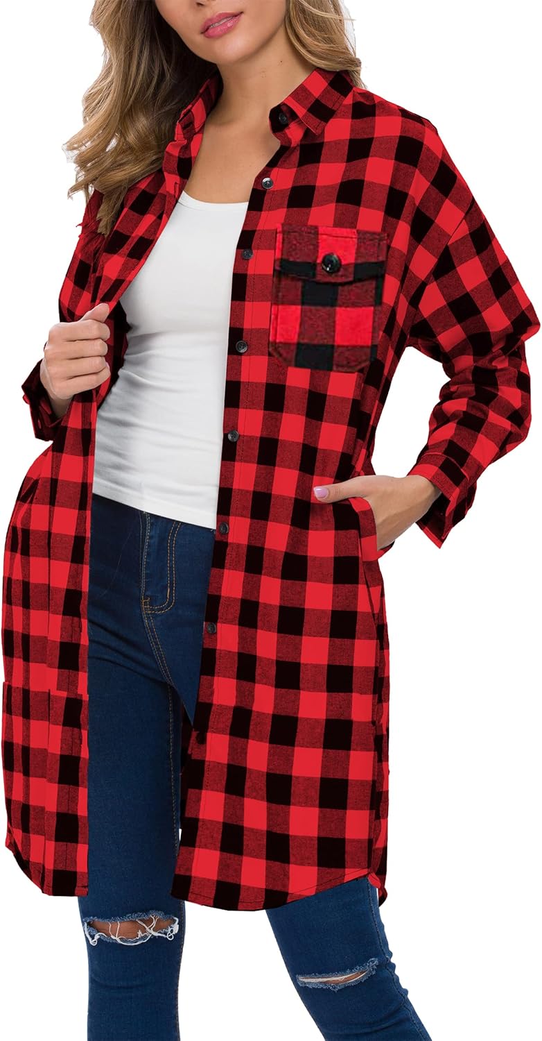 Womens Long Flannel Shirt Casual Button Down Plaid Shirt Jacket Flannel
