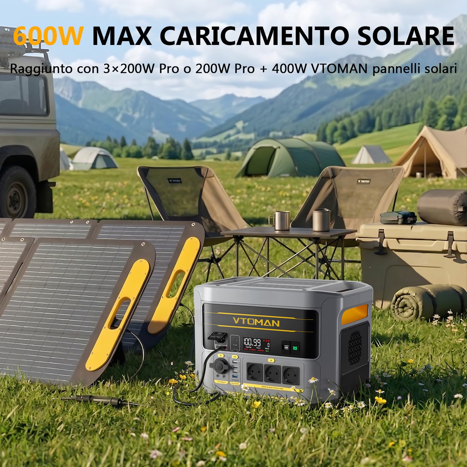 VTOMAN FlashSpeed 2400 - Stazione di alimentazione portatile con cavo di avviamento, 2400 W CA (picco di 3200 W), batteria LiFePO₄ da 1408 Wh, espandibile fino a 2688 Wh, ricarica rapida in 1 ora