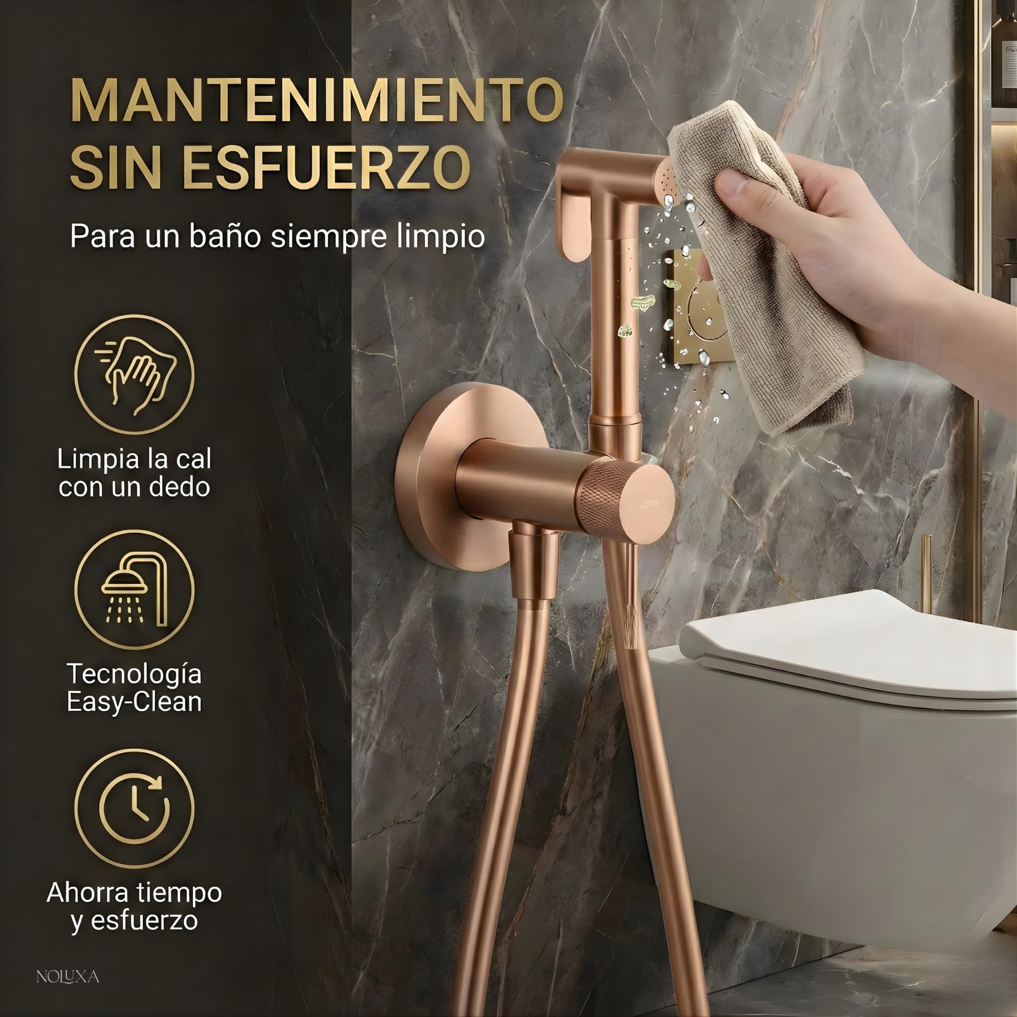 IMEX - Ducha Bidet Agua Fría y Caliente Color Oro Rosa Cepillado | Grifo Bidet Empotrado para WC | Ducha Higiénica Monomando para Inodoro | Grifería Sustituto de Bidé | Serie Line