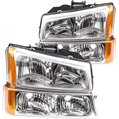 Replacement Headlights Lamp Compatible with 2003-2006 Chevy Silverado Avalanche 1500 2500 3500 without Factory Cladding, Chrome Housing Amber Reflector