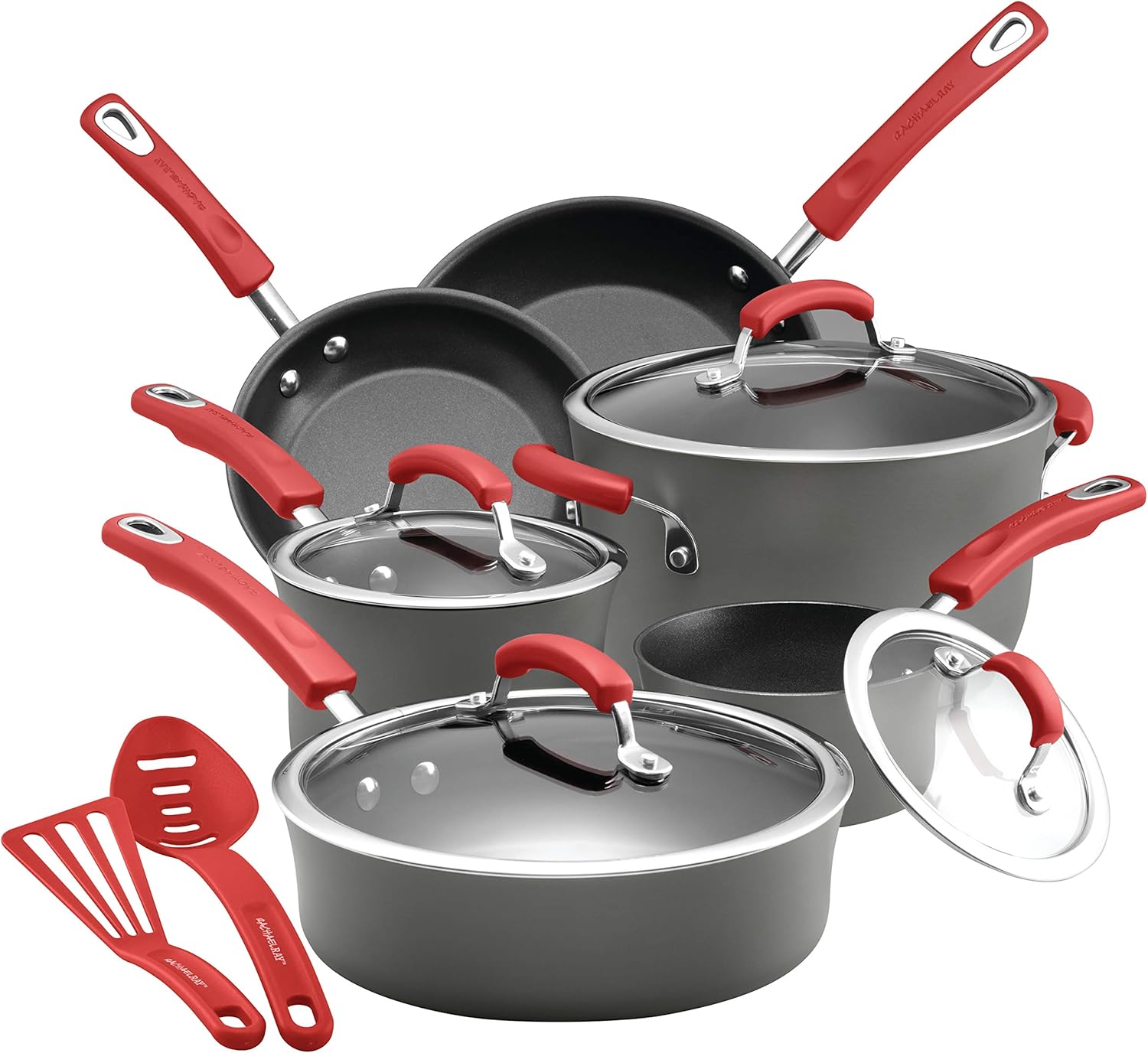 Rachael Ray - 87661 Rachael Ray Brights Hard Anodized Nonstick Cookware Pots and Pans Set, 12 Piece, Gray with Red Handles