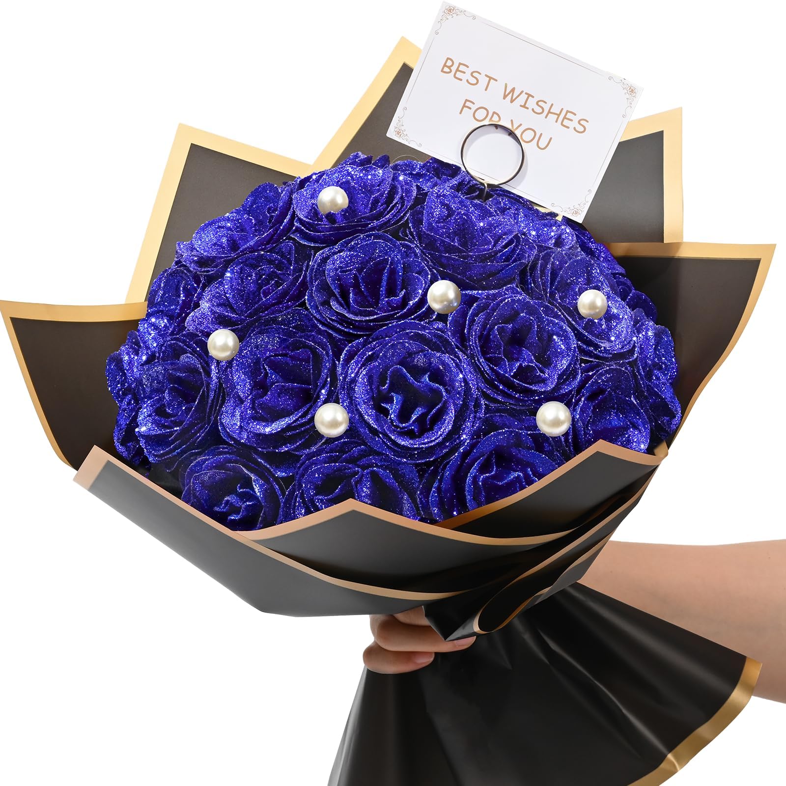 Waipfaru Blue Glitter Roses Bouquet, DIY Fake Flowers Bouquet