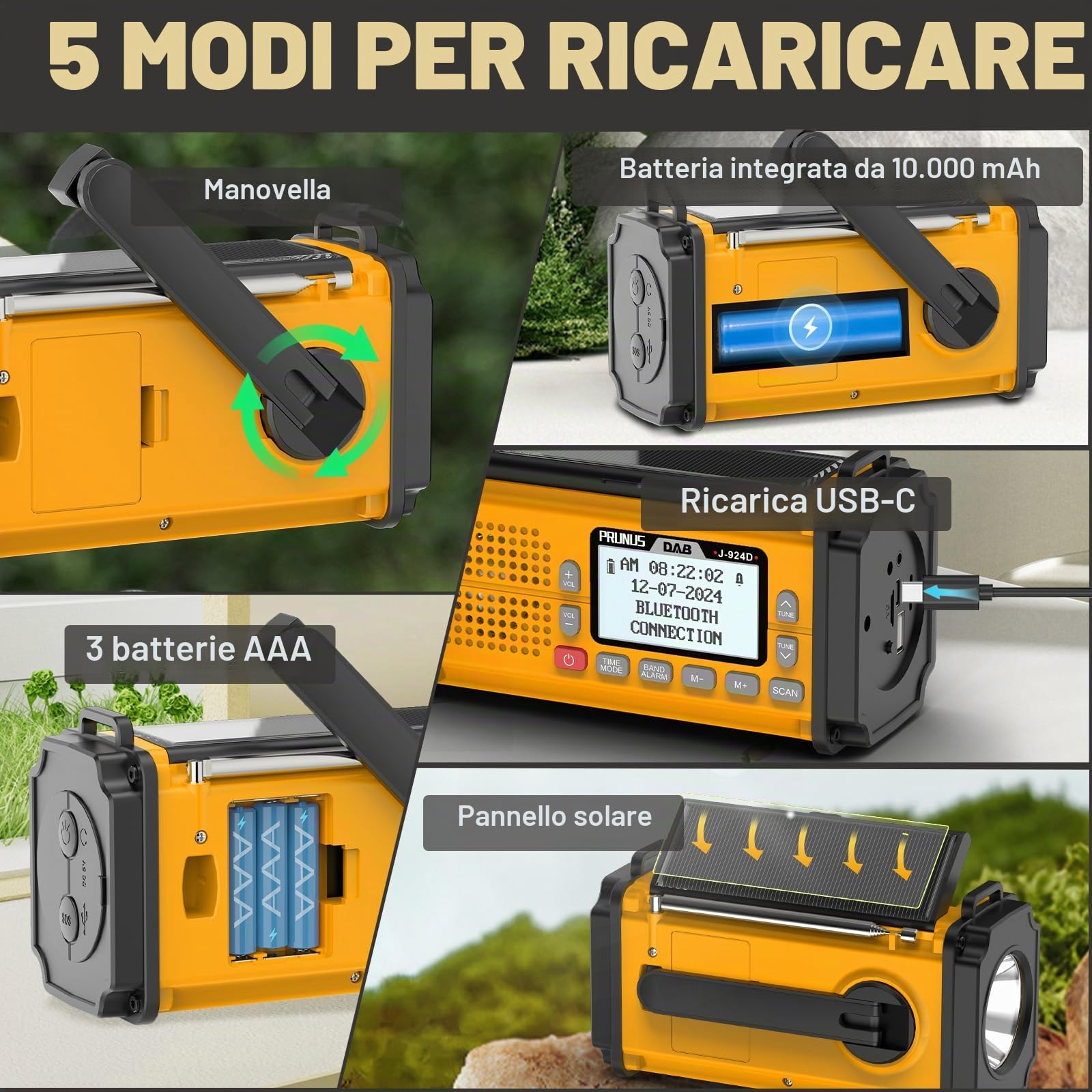 PRUNUS J-924 DAB Radio Portatile Emergenza Solare FM, Radiolina a Manovella Dinamo con Batteria da 10000 mAh, Radio a Pile con Torcia e Luce da Lettura/Allarme SOS per Ourdoor, Emergenza (Giallo)