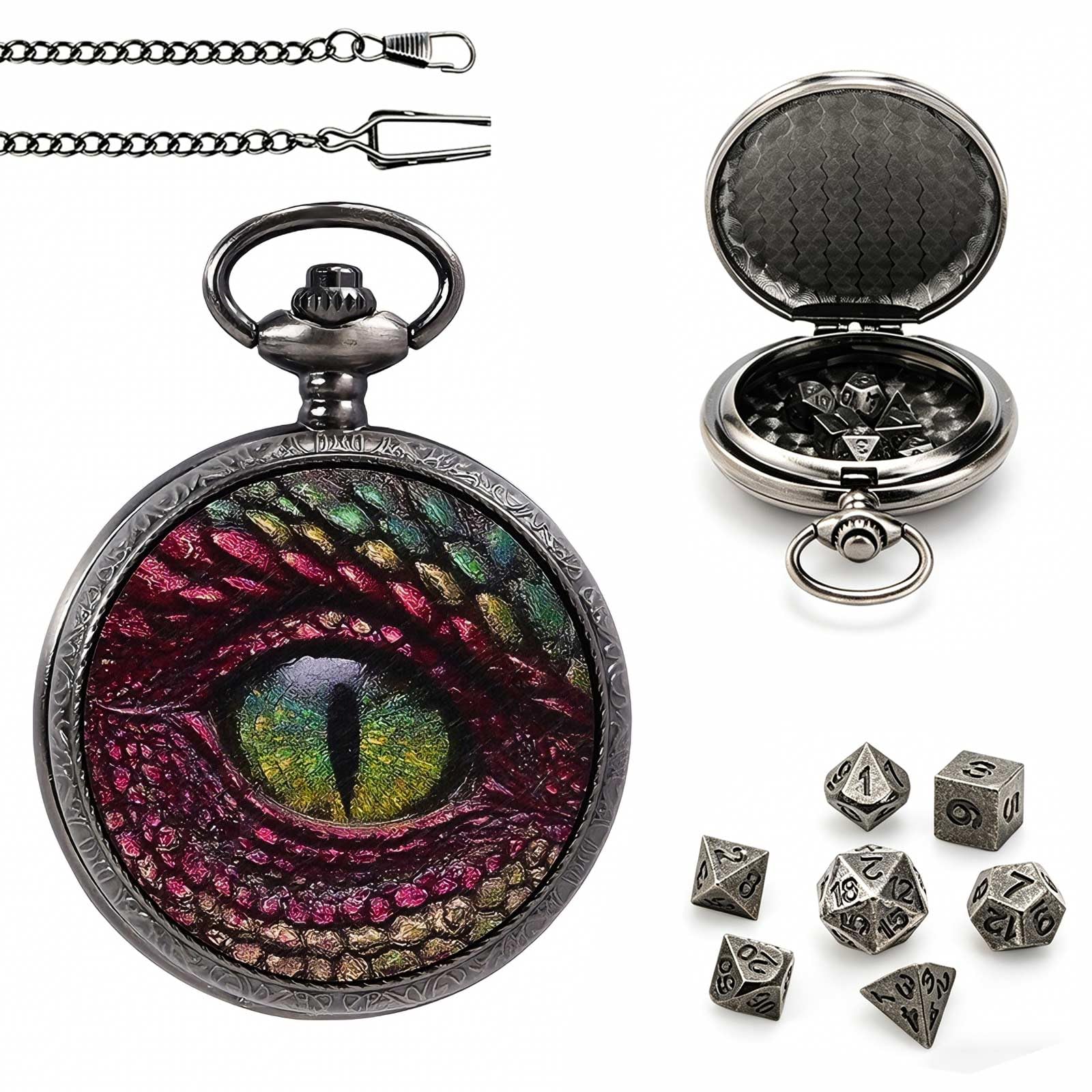 DragonSword DND Dice Set with Pocket Watch Case, Portable Metal Dice Set Compatible with Dungeons and Dragons, 7PCS Mini Dice, RPG Role Playing Board Games Accessories (Dragon Eye B)