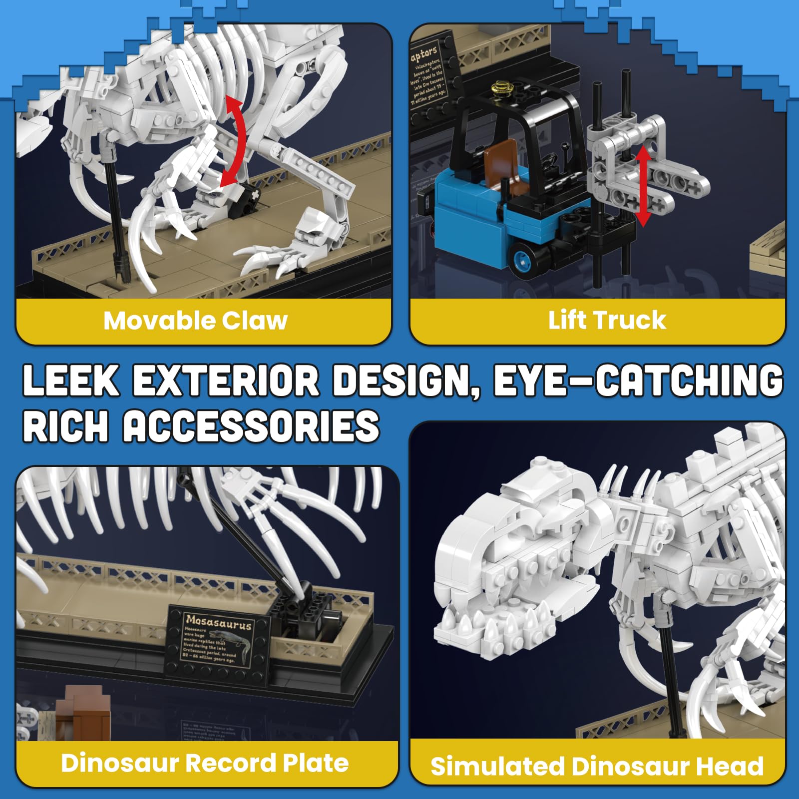 Mould King 29005 - Kit de construcción de Esqueleto de Dinosaurio - Velociraptor Mosasaurus - Bloques de construcción con Base - Regalos de colección para Adultos (1418 Piezas)