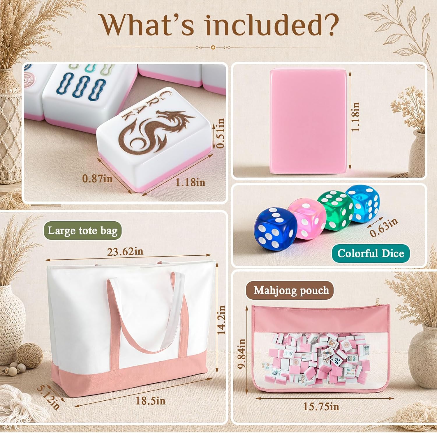 soulchen 1.2 inch engraved american mahjong tile set, 168 mahjong tiles with bag, portable canvas tote bag & 4 dice beginners & enthusiasts adult game collection gift(pink)