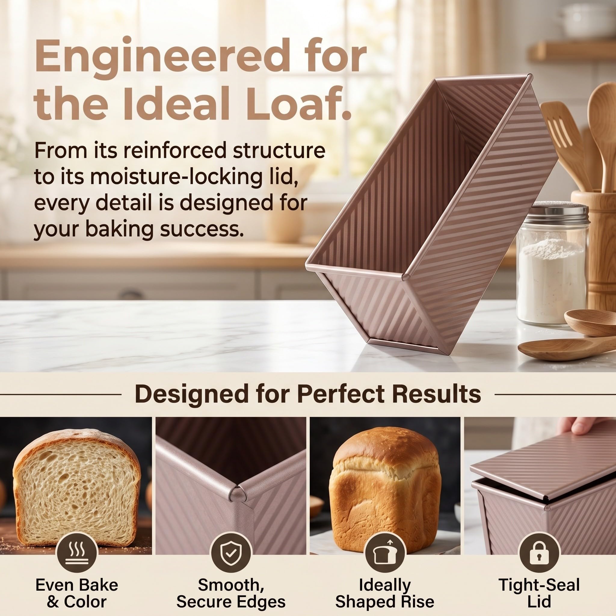 3 Stück Goldene Kohlenstoffstahl Toastbrotform mit Deckel Antihaftbeschichtung und Wellenmuster Verstärkte Wand für Eingebettete Öfen und Schnelle Mahlzeiten