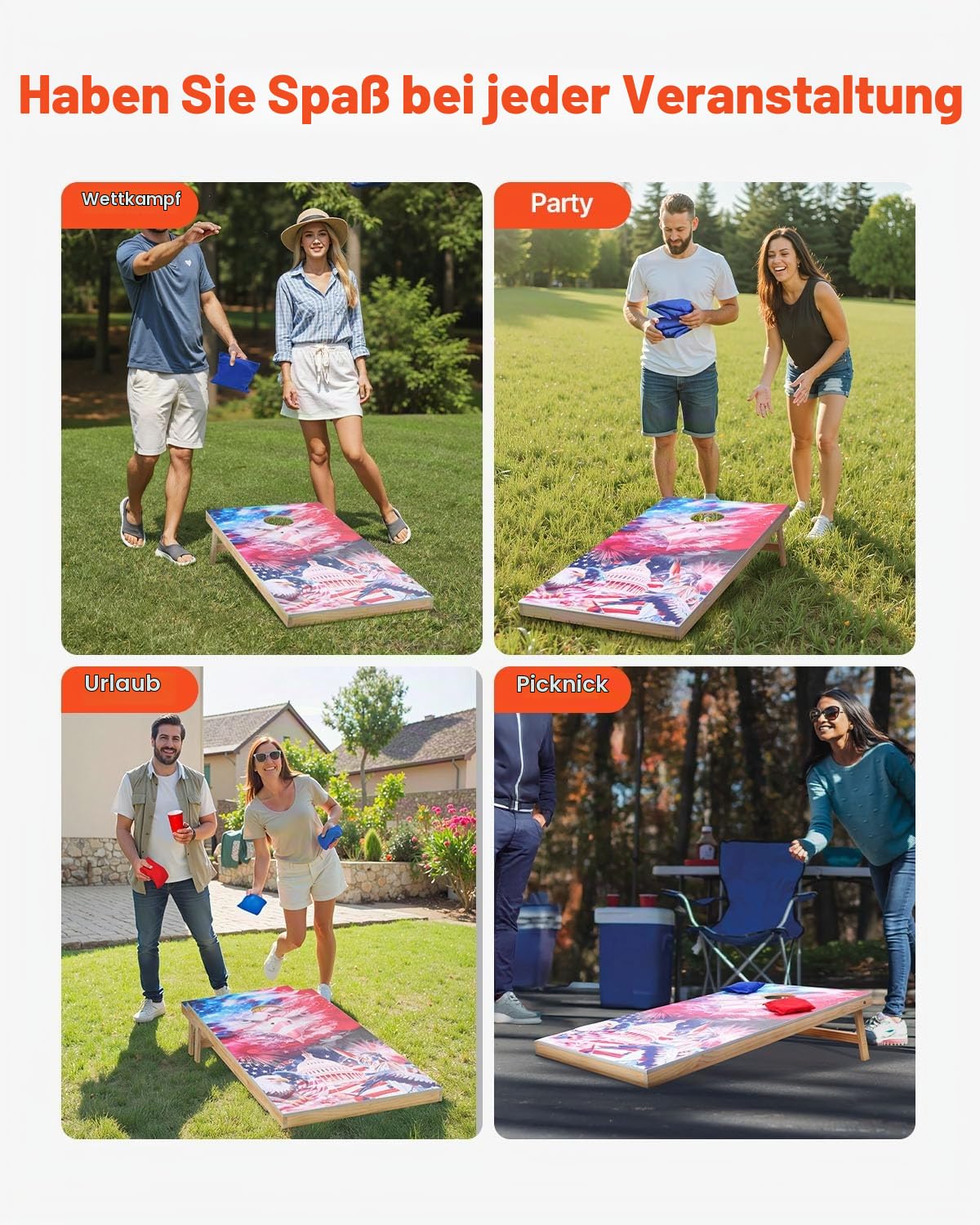 VEVOR Cornhole Spiel Set (1255 x 600 x 302 mm) Cornhole-Spielbretter, tragbares Wurfbrett aus Massivholz, Cornhole-Spiel für Erwachsene, inkl. 8 Sitzsäcken & Tragetasche, für Garten Hinterhof