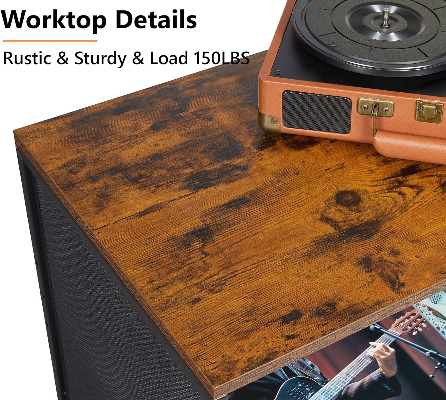 Large Record Player Stand Table with Vinyl Record Holder Up to 150PCS, AV Media Stand Stereo Cabinet Shelf Rack Tower with Storage, Sturdy, Adjustable Feet, Rustic, Large Capacity