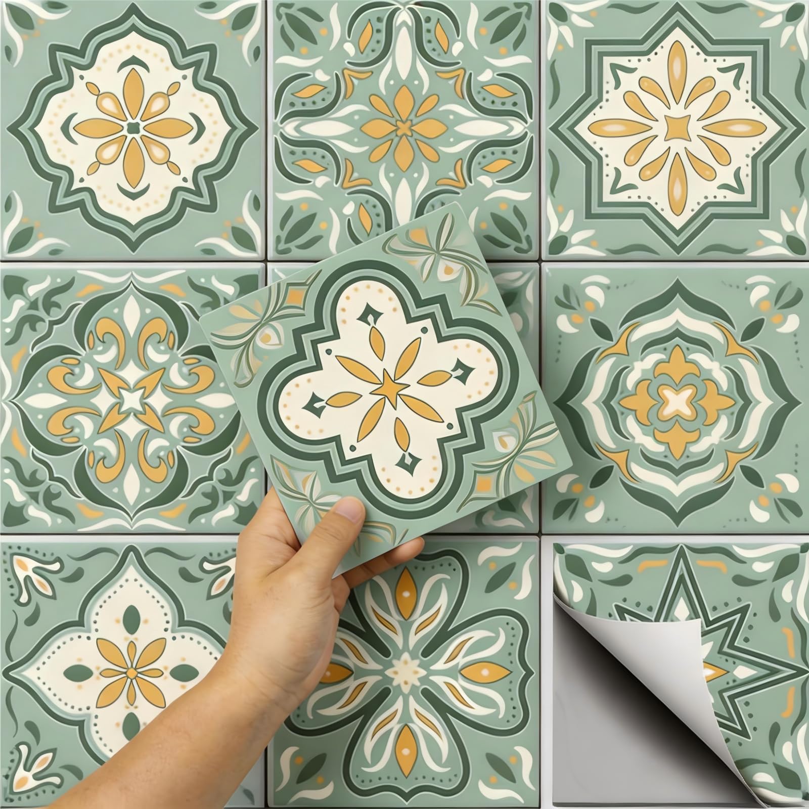CHGCRAFT 36 pièces 10x10cm Autocollants Carrelage Mural Céramique Vert et Jaune Autocollants de Carreaux Muraux Étanche Imperméables Décoratif Autocollant pour Cuisine Salle de Bains Mur Table Bureau