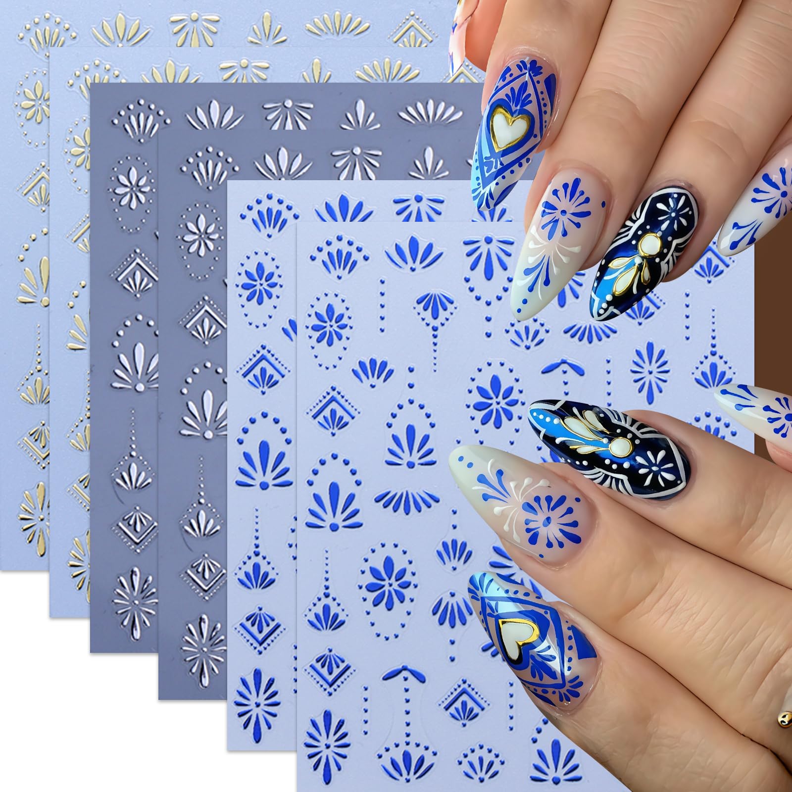 6 hojas de calcomanías de uñas bohemias para arte de uñas 3D autoadhesivas con flores doradas y plateadas, estilo bohemio, retro,