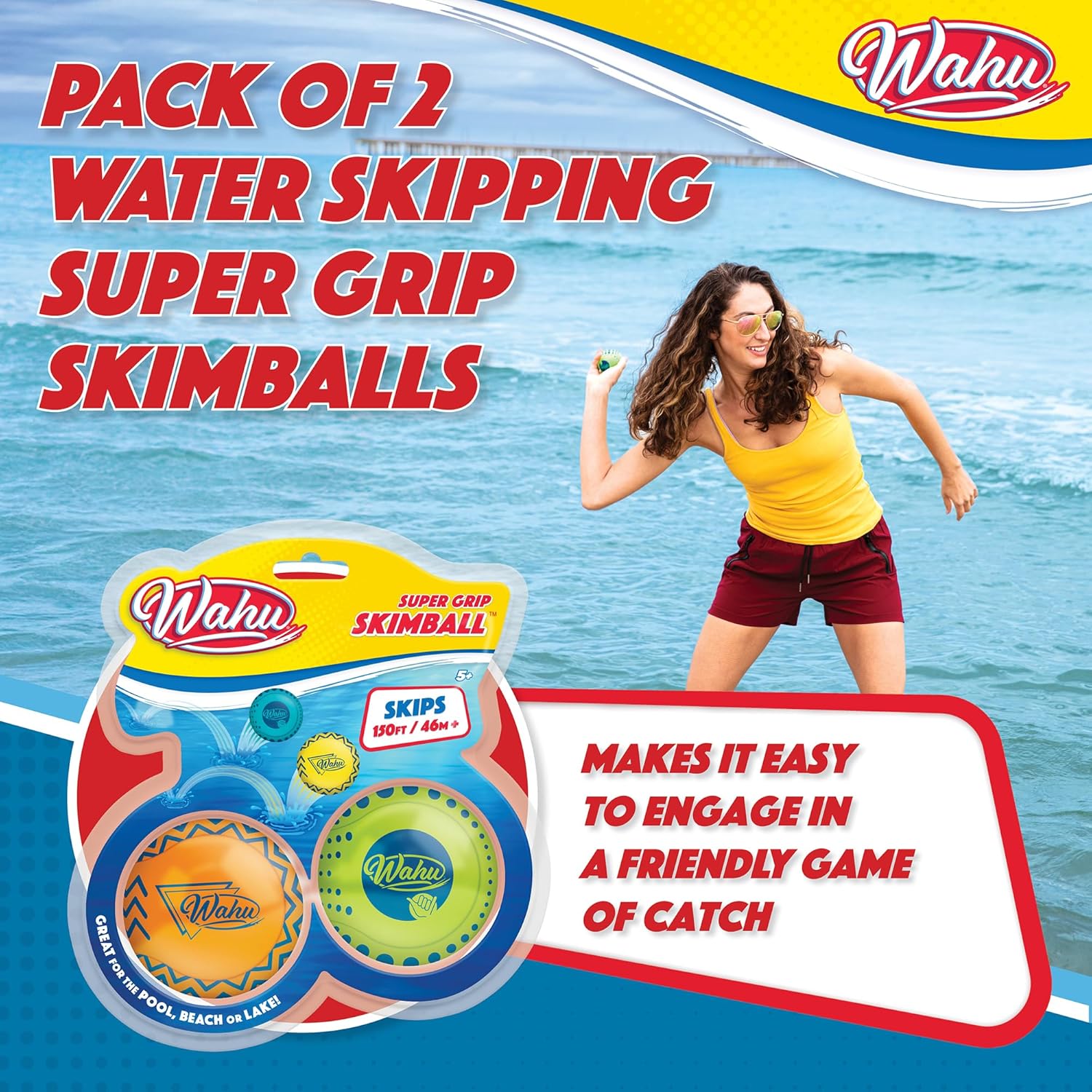 Wahu Super Grip 100% Waterproof Skimball Set, Pack of 2 Water Skipping Balls for Pool and Beach, Skips Over 150' on Water, Green/Orange
